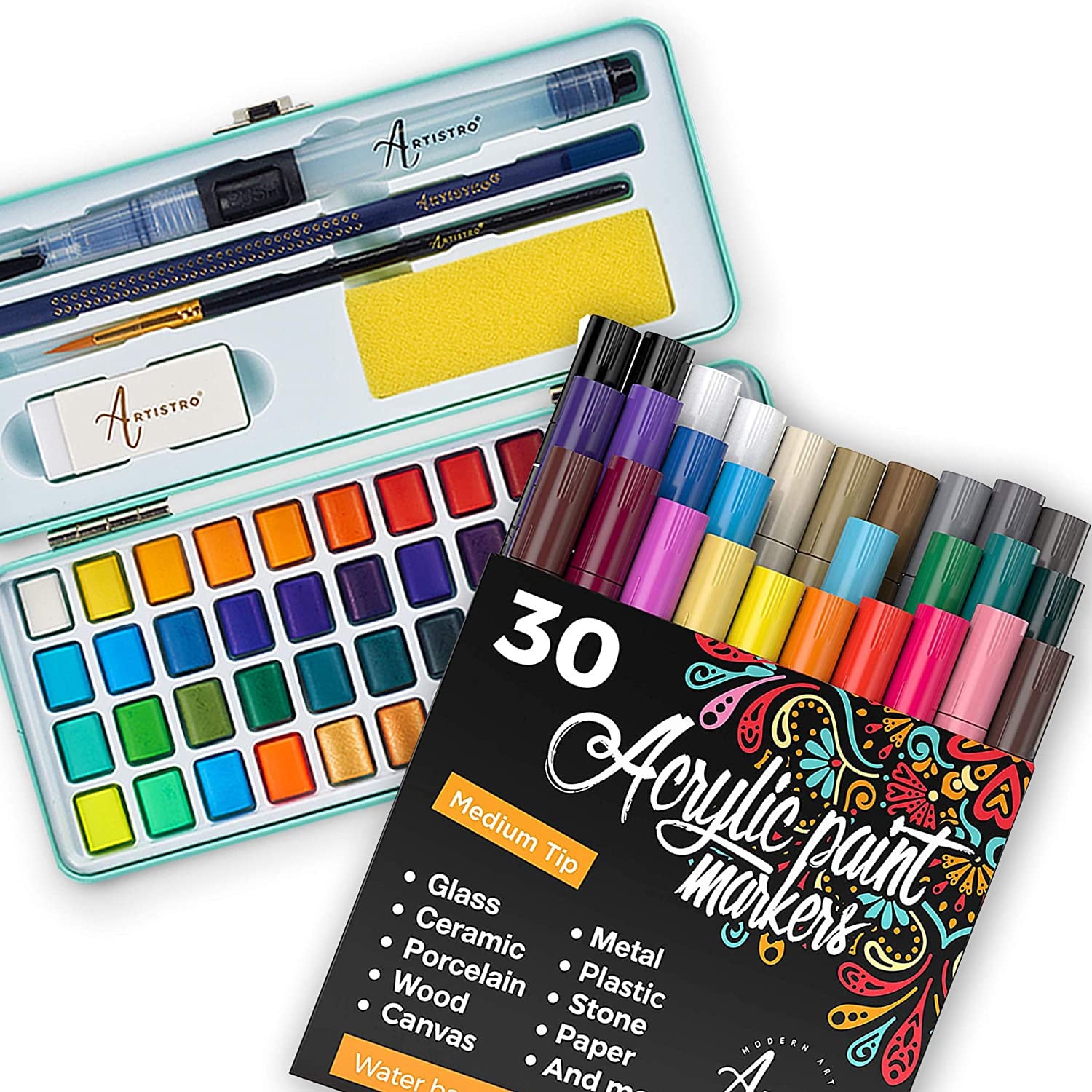 Set for Artist 30 Acrylic Paint Pens Medium Tip and Watercolor Paint Set,  48 Vivid Colors in Portable Box, Bundle for Artists and Kids 