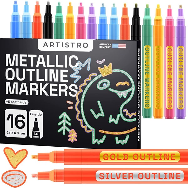 Outline Markers, 16 Outline Pens, 5 Cards, Gold and Silver Metallic Outline Markers, Double Line Outline Pens, Self-Outline Metallic Markers