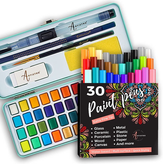 Set for Artist 30 Acrylic Paint Pens Medium Tip and Watercolor Paint Set,  48 Vivid Colors in Portable Box, Bundle for Artists and Kids 