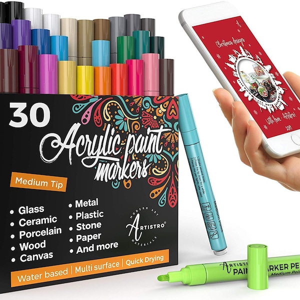 Artistro Acrylic Paint Pens Medium Tip (2mm) - For Rock Painting, Wood, Fabric, Card, Ceramic and Glass - 28 Colors + Extra Black&White