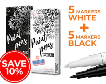 10 Acrylic Markers Extra Fine Tip | 5 White Markers + 5 Black Paint Pens for Rock, Wood, Glass, Ceramic Painting