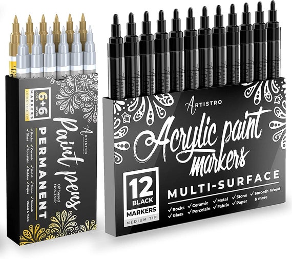 24 Acrylic Paint Pens 12 Black Medium Tip 12 Gold & Silver Paint Markers  for Rock Painting, Family Painting, Kids Craft, Artist Gifts 