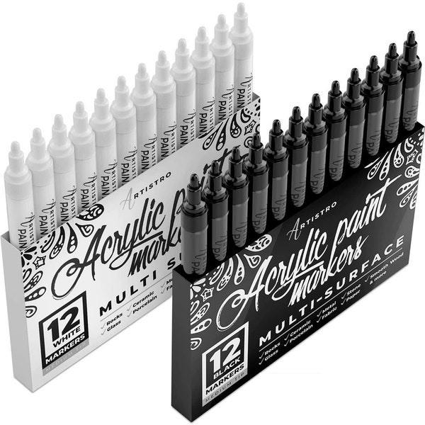 24 Artistro Cute Acrylic Paint Pens | 12 White + 12 Black Markers Medium tip for Rock Painting, Wood and Glass art, Artist gifts, Kids craft