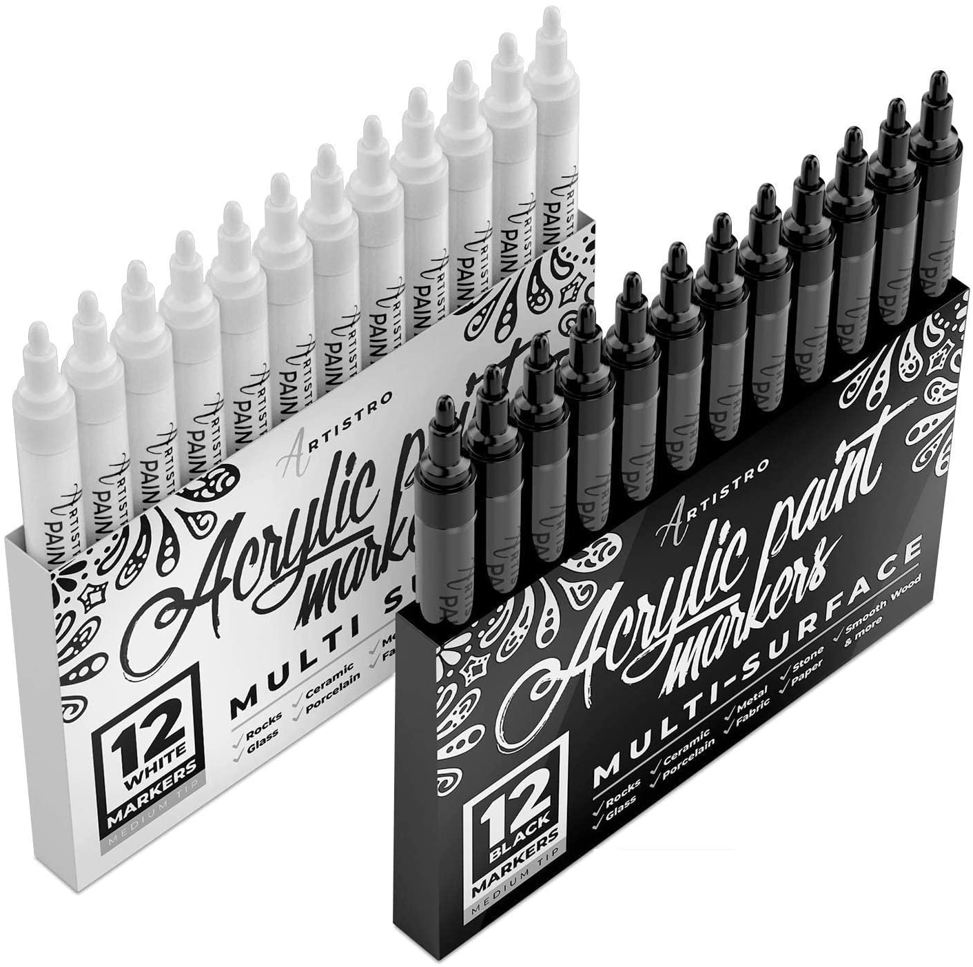 24 Artistro Cute Acrylic Paint Pens 12 White 12 Black Markers Medium Tip  for Rock Painting, Wood and Glass Art, Artist Gifts, Kids Craft -  Hong  Kong