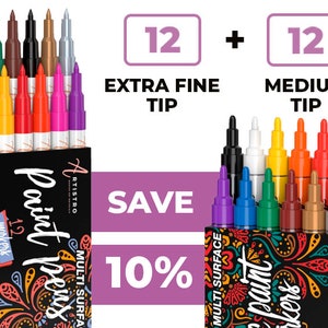 24 Glitter Acrylic Paint Pens Marker Set 0.7mm Extra Fine and 3.0mm Medium  Tip C