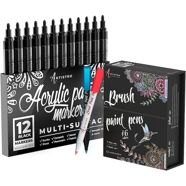 28 Artistro Cute Acrylic Paint Pens | 12 Black Medium Tip Markers&16 Brush Pens Set for Kids craft, Family painting, Rock painting, Wood art