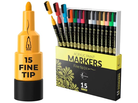 Paint Pens for Rock Painting, Stone, Ceramic, Glass, Wood, and Canvas. Set  of 15 Acrylic Paint Markers. Fine Tip 1mm 