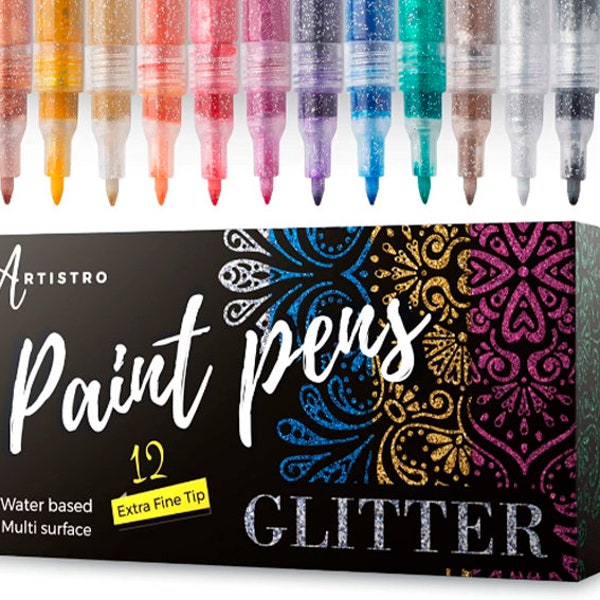 12 Acrylic Glitter Paint Pens (Extra-Fine Tip) for Rock Painting, Wood, Metal, Fabric, Canvas, Paper Projects