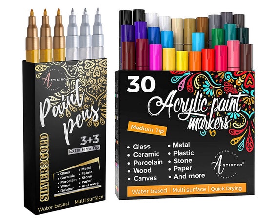  ARTISTRO 12 Glitter Acrylic Paint Pens Extra Fine Tip and 30  Acrylic Paint Markers Extra Fine Tip, Bundle for Rock Painting, Wood,  Fabric, Card, Paper, Pebbles, Ceramic & Glass : Arts