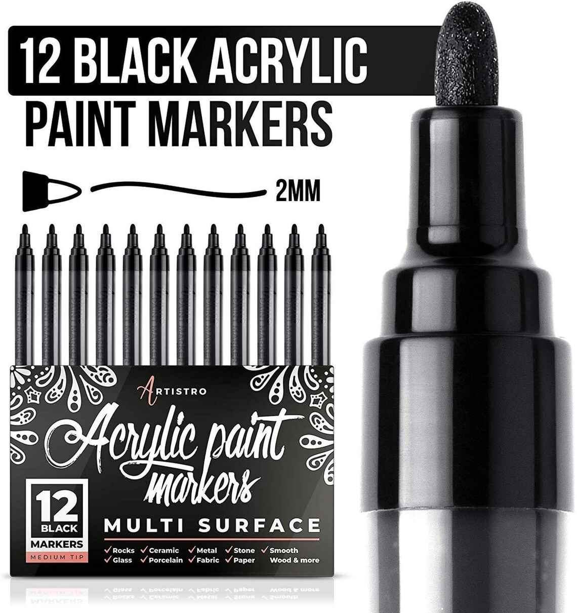 Set of 12 Acrylic Black Paint Pens Medium tip for Rock Etsy