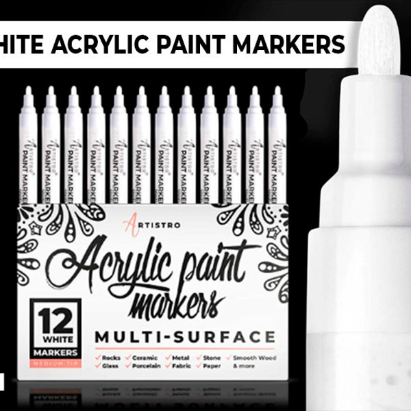 White Paint pens for Rock Painting, Stone, Ceramic, Glass, Wood. Set of 12 Acrylic Paint Markers Medium Tip