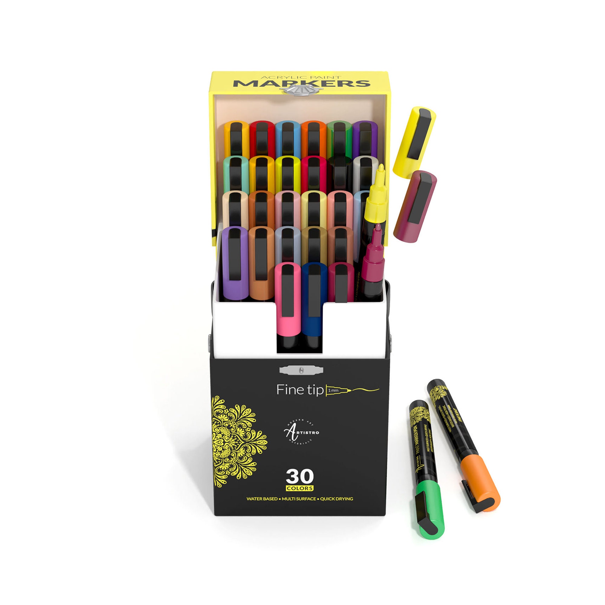 ARTISTRO Acrylic Paint Pens for Fabric, Glass, Fine Tip, 30 Colored Paint Markers, Size: Fine Tip 1mm