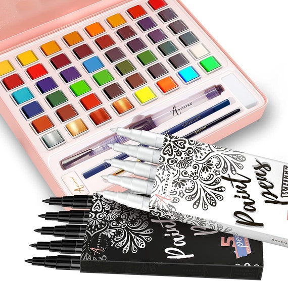 ARTISTRO x Hannah M.P Watercolor Paint Set Limited Edition - 24 Colors in Bamboo Wooden Box (6ml XL Pans) - 2 Brushes, Watercolor Paper, Mixing Tray 
