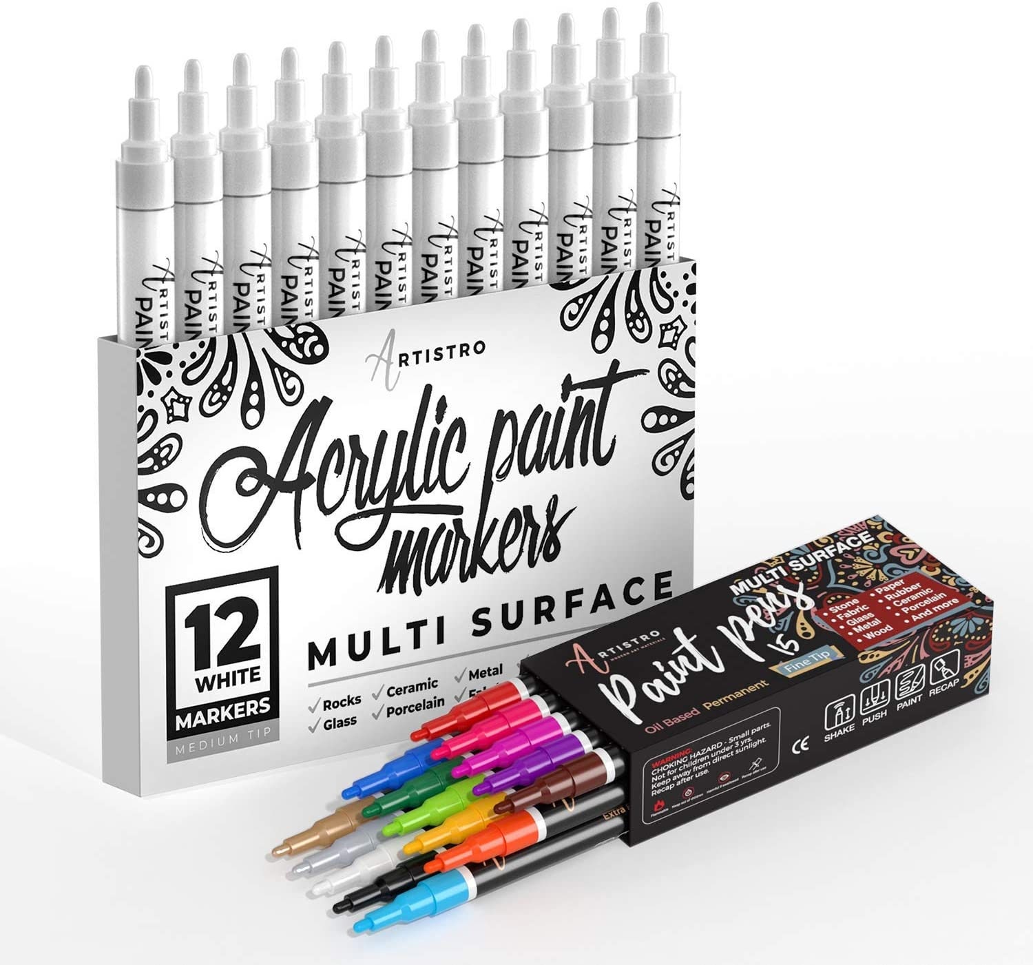 ARTISTRO 12 Acrylic Paint Pens for Fabric, Canvas, Rock, Glass, Wood - 3mm  Medium Tip Paint Markers-Ideal Art Supplies for Adults and Kids