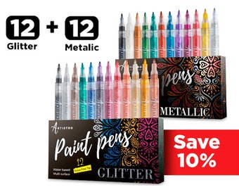 24 acryl Artistro verfpennen | 12 metallic markers + 12 glittermarkers voor steen, hout, glas, metaal, keramiekschilderij (extra fijne punt)