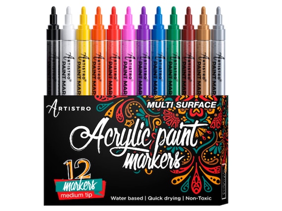 Paint Pens for Rock Painting, Ceramic, Porcelain, Glass, Wood, Fabric,  Canvas. Set of 12 Acrylic Paint Markers Medium Tip 