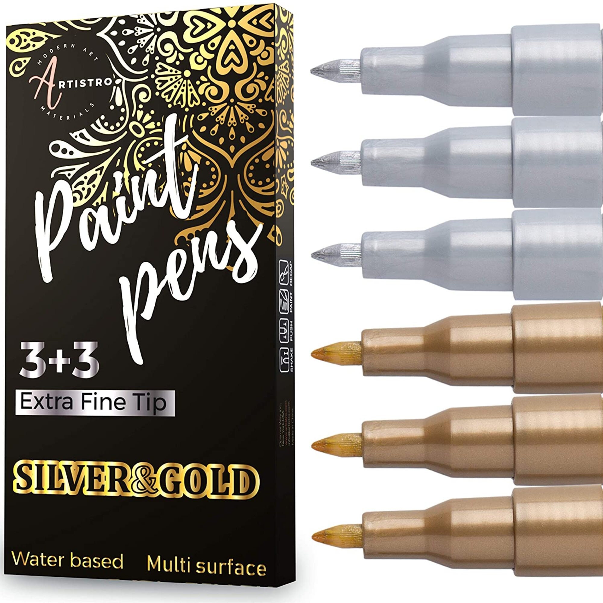 36 stylos à peinture acrylique 3 marqueurs dorés et 3 argentés à pointe  extra fine 30 marqueurs à pointe moyenne pour la peinture sur roche, bois,  verre et céramique -  France