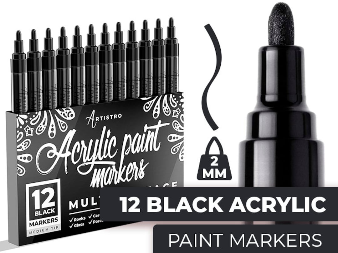 Artistro Set of 12 Acrylic Black Paint Pens Medium Tip, Size: Medium Point Tip 2-3mm