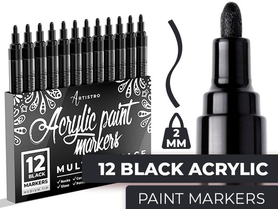 Artistro Cute Paint Pens Set of 12 Acrylic Black Markers Medium Tip for  Rock Painting, Wood Art, Glass Art, Family Painting, Kids Craft 