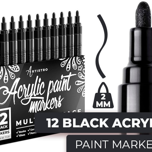 Artistro Stylos de peinture mignons Ensemble de 12 marqueurs noirs acryliques Astuce moyenne pour la peinture rupestre, l’art du bois, l’art du verre, la peinture familiale, l’artisanat pour enfants