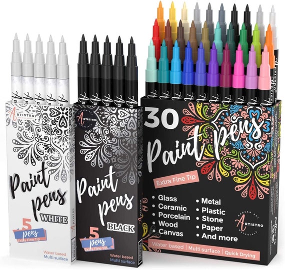 30 feutres peinture acrylique pour roche, pierre, céramique, verre, mugs,  bois, tissu extra fin. 28 couleurs assorties marqueurs de peinture  supplémentaires noir et blanc -  France