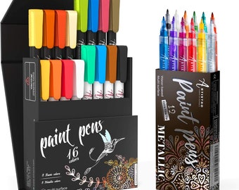 28 Artistro Cute Paint Pens 12 Extra Fine Tip Metallic Markers 16 Brush Tip  Pens for Rock Painting, Wood and Glass Art, Kids Craft 