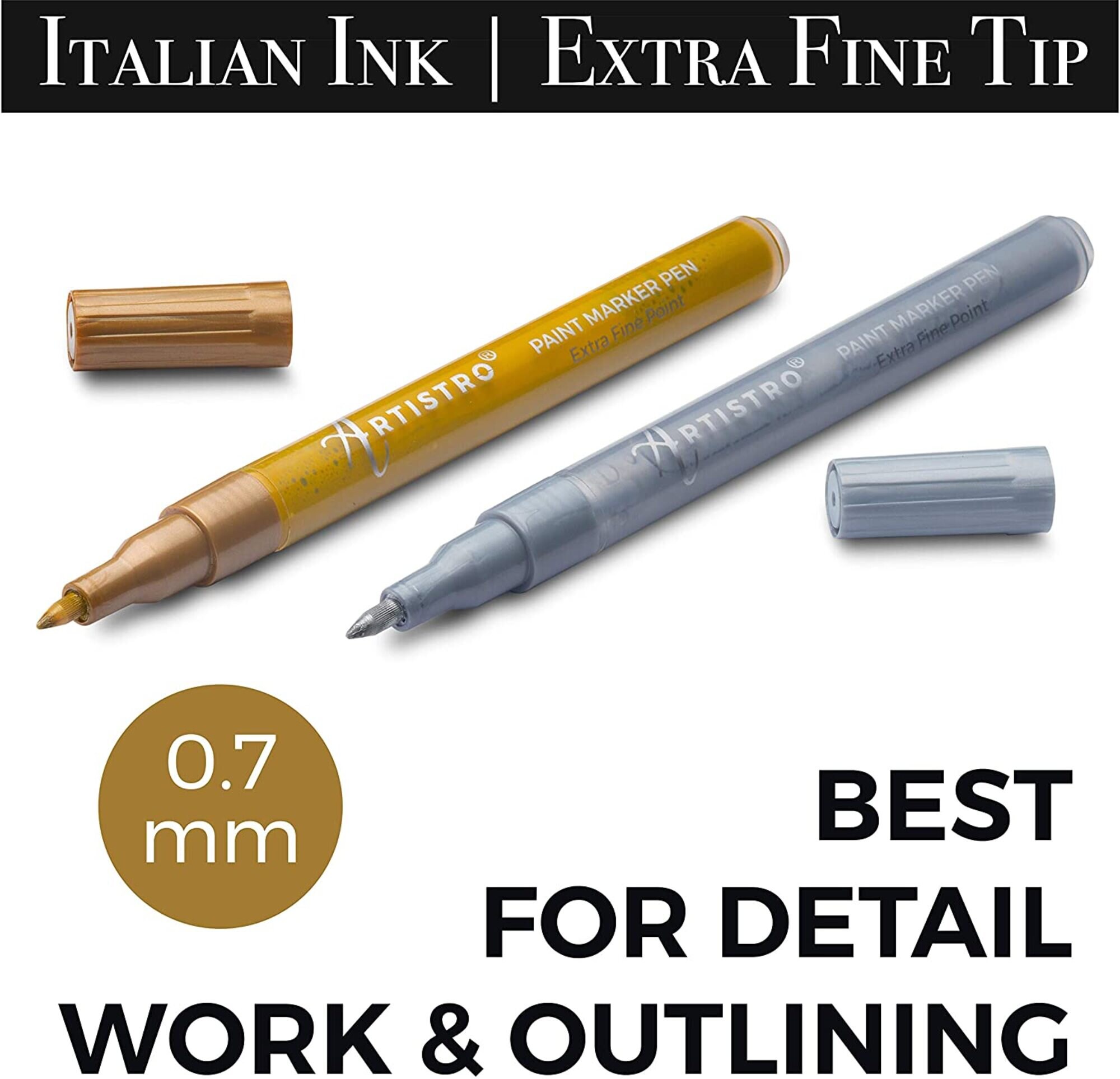36 stylos à peinture acrylique 3 marqueurs dorés et 3 argentés à pointe  extra fine 30 marqueurs à pointe moyenne pour la peinture sur roche, bois,  verre et céramique -  France
