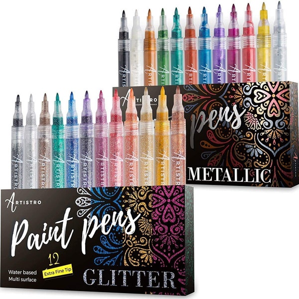 24 stylos à peinture acrylique | 12 paillettes + 12 marqueurs métalliques stylos mignons pour enfants artisanat cadeau meilleur ami cadeaux d'artiste coffret cadeau art du bois art du verre