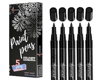 Black Paint pens for rock painting, stone, ceramic, glass. Extra fine point tip, Set of 5 black acrylic paint markers.