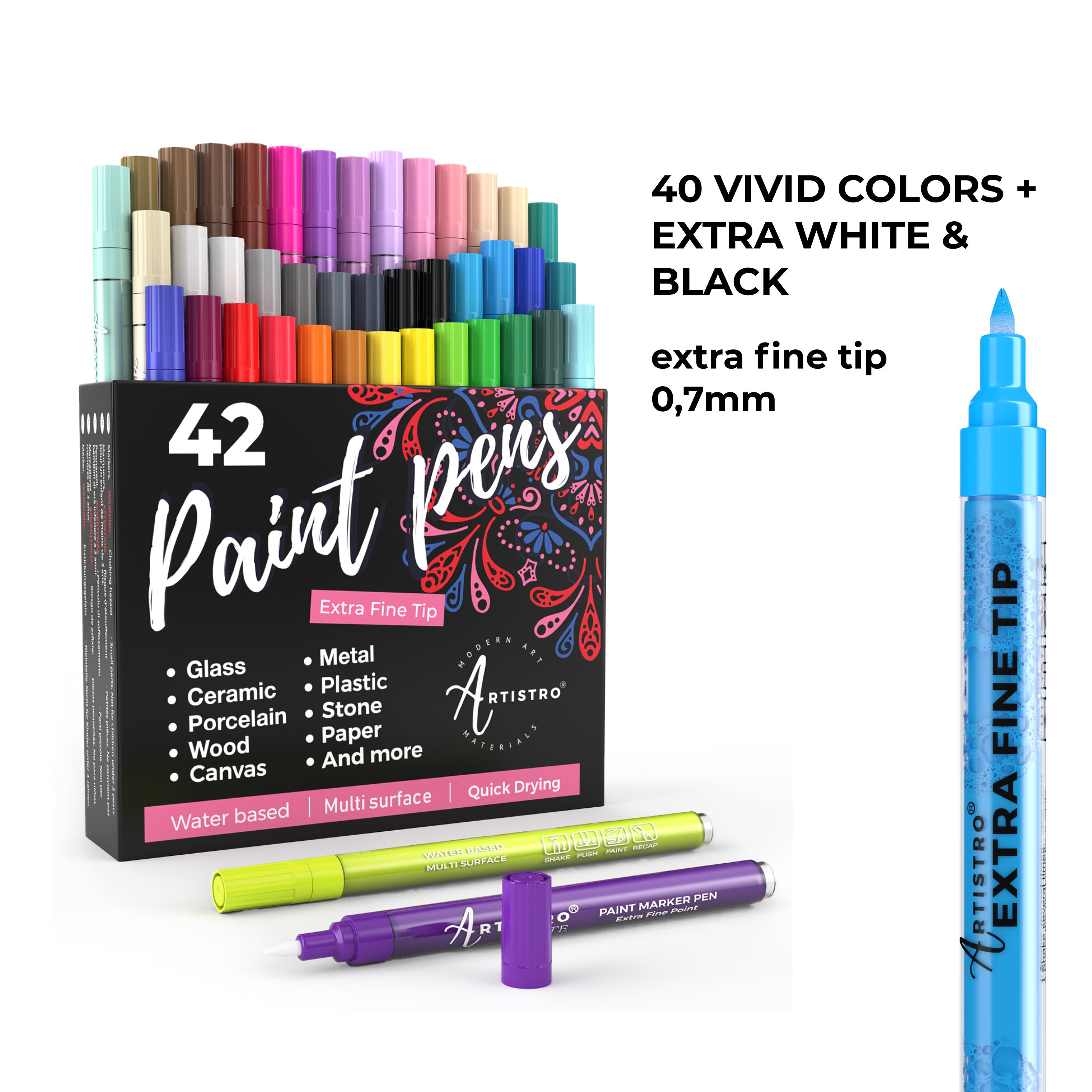 Paint Pens - 42 Paint Markers - Extra Fine Tip Paint Pens (0.7mm) - Great  for Rock Painting, Wood, Canvas, Ceramic, Fabric, Glass - 40 Colors + Extra