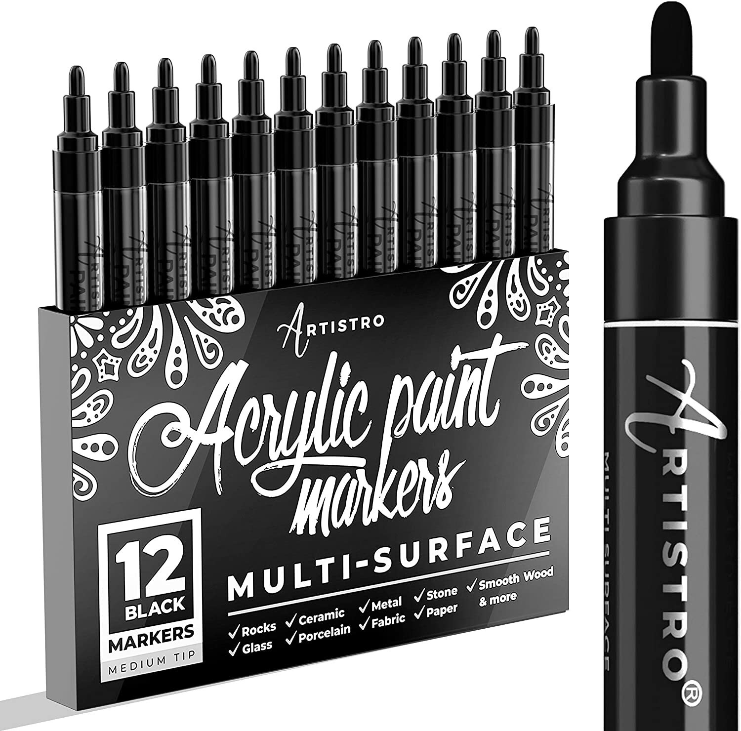 24 Acrylic Paint Pens 12 Black Medium Tip 12 Gold & Silver Paint