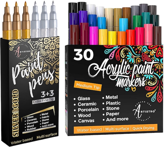 24 Acrylic Paint Pens 12 Black Medium Tip 12 Gold & Silver Paint