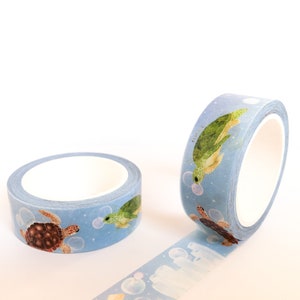Reef Riders 15 mm | Ruban adhésif en Washi australien | Inspiré de l'océan Blue Sea | Bébé tortue | Ruban d'emballage respectueux de l'environnement | Durable