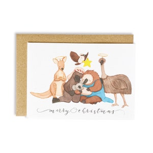 Nativité de brousse | Echidna et Ornithorynque | Carte de Noël australienne | Carte aquarelle | Kangourou | Carte de vœux unique | Cartes durables