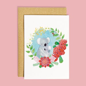 Cartão de Dia das Mães Australiano Koala Floral | Cartão para a Mãe | Presentes para Mães | Cartão de Saudação Ilustrado | Cartões de Saudação e Envelopes Feitos à Mão