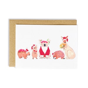 Joyeux animaux | Animaux indigènes | Carte de Noël australienne | Carte aquarelle | Kangourou | Carte de vœux unique | Cartes durables