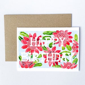 Carte d'anniversaire australienne | Peinture Waratah | Art des fleurs indigènes | Carte de vœux illustrée | Cartes de vœux et enveloppes faites à la main