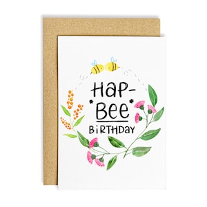 Cartão de aniversário Hap-BEE | Cartão de aniversário | Presente para amante de abelhas | Cartão para ela | Cartão de felicitações ilustrado | Cartões de felicitações e envelopes feitos à mão