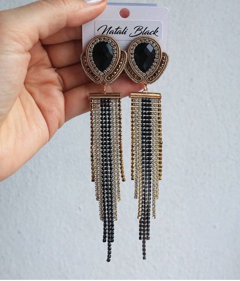 Black Gold Long Crystal Earrings Soutache earrings Evening earrings