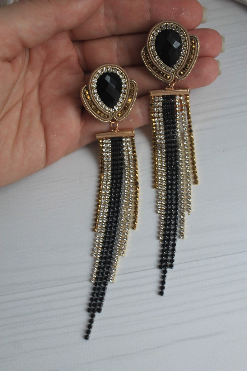 Black Gold Long Crystal Earrings Soutache earrings Evening earrings