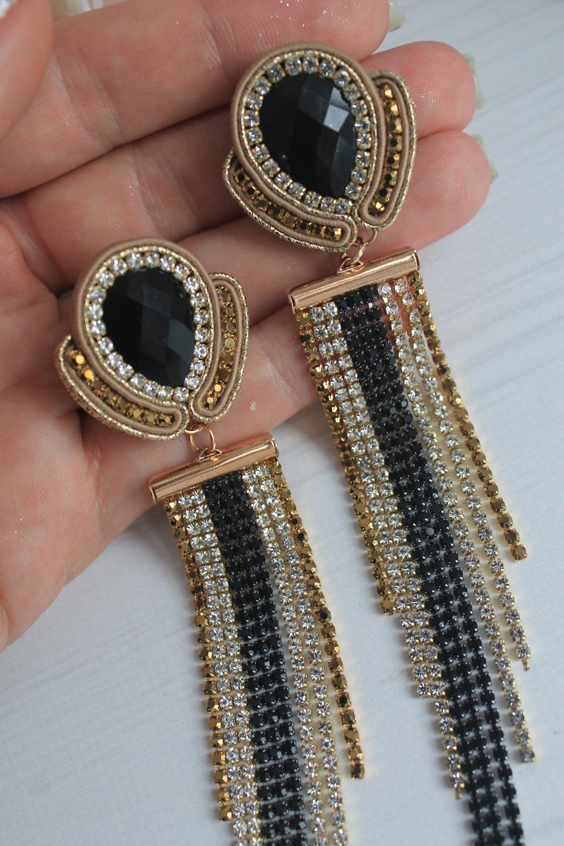 Black Gold Long Crystal Earrings Soutache earrings Evening earrings