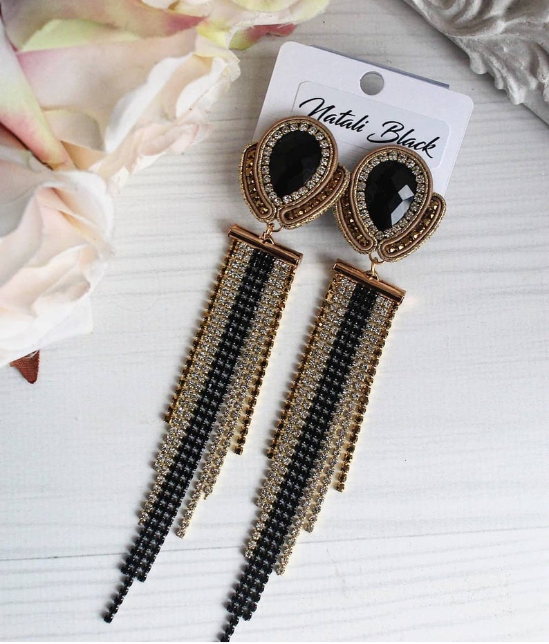 Black Gold Long Crystal Earrings Soutache earrings Evening earrings