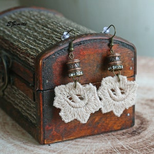 Lace Flower Earrings: Beige Fabric, Bronze Beads. Handmade in USA.