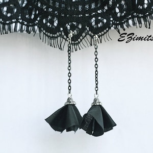 Long Black Fabric Flower Earrings: Gothic Style, Chain Dangle. Handmade in USA.
