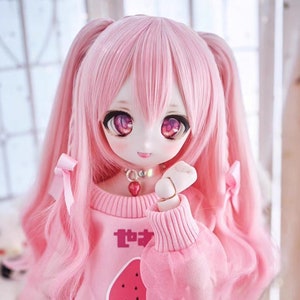 1/3 1/4 1/6 Bjd Cosplay Curly Hair,Double ponytails with Bowknot Braid Wig for BJD MDD SD Doll,Dolls Accessories Pink