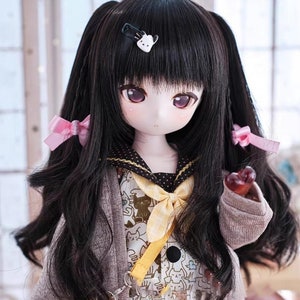 1/3 1/4 1/6 Bjd Cosplay Curly Hair,Double ponytails with Bowknot Braid Wig for BJD MDD SD Doll,Dolls Accessories Black