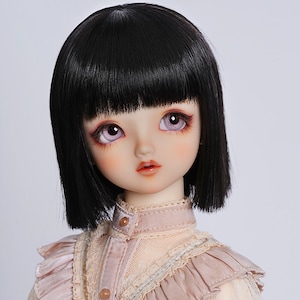 May include: A doll with black hair styled in a bob with bangs. The doll has light skin and is wearing a pink and white dress with lace trim.