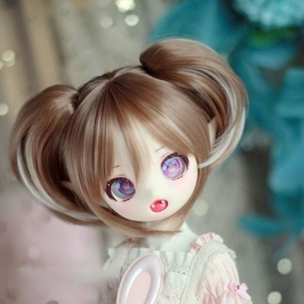 1/3 1/4 1/6 BJD Wig,White Black Blue Mixed with Two Detachable Twintails Short Hair,For 9-10" 8-9" 7-8" 6-7" Bjd MSD SD Doll Accessories