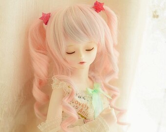 1/3 1/4 1/6 BJD Cosplay Wig,Blonde Pink with Ponytails Hair For 9-10" 8-9" 7-8" 6-7" Bjd MSD SD Doll, Doll Accessories