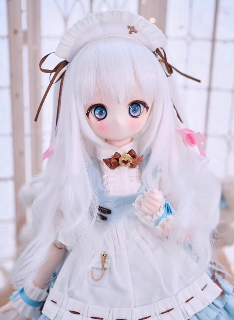 1/3 1/4 1/6 Bjd Cosplay Curly Hair,Double ponytails with Bowknot Braid Wig for BJD MDD SD Doll,Dolls Accessories White